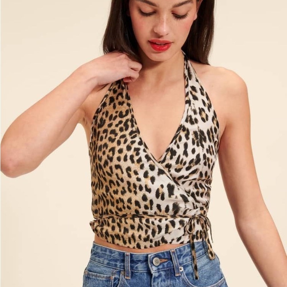 Rouje leopard silky halter crop top